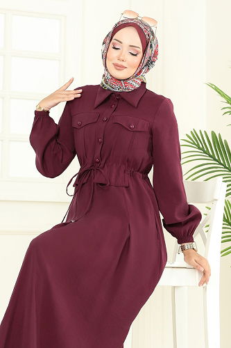 moda selvim Aksesuar Cepli Modal Elbise 2713SL432 Bordo - Thumbnail