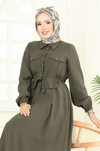 moda selvim Aksesuar Cepli Modal Elbise 2713SL432 Koyu Haki - Thumbnail