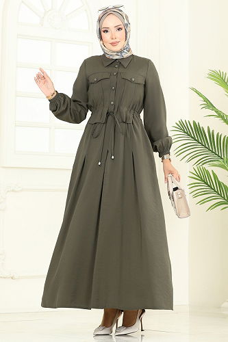 moda selvim Aksesuar Cepli Modal Elbise 2713SL432 Koyu Haki - Thumbnail