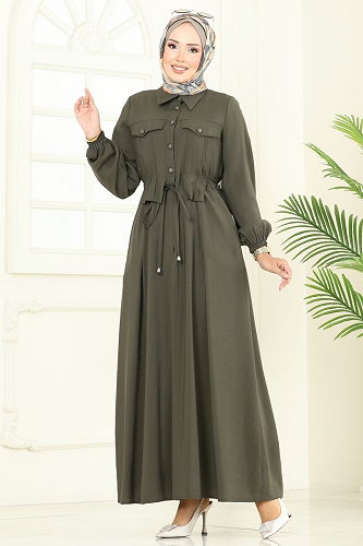 moda selvim Aksesuar Cepli Modal Elbise 2713SL432 Koyu Haki - Thumbnail