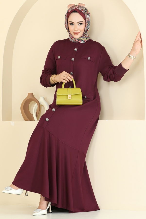 Modaselvim Elbise Aksesuar Cepli Tesettür Elbise 3315UZ662 Bordo