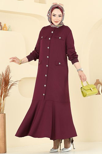 moda selvim Aksesuar Cepli Tesettür Elbise 3315UZ662 Bordo - Thumbnail