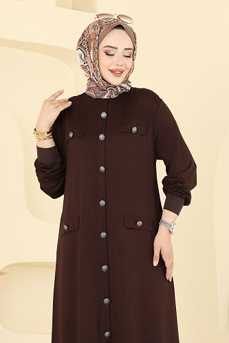 moda selvim Aksesuar Cepli Tesettür Elbise 3315UZ662 Kahve - Thumbnail