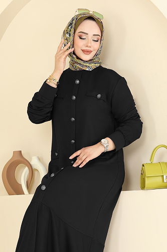 moda selvim Aksesuar Cepli Tesettür Elbise 3315UZ662 Siyah - Thumbnail