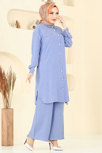 moda selvim Aksesuar Cepli Tesettür Takım 318HBS856 Açık Kot - Thumbnail