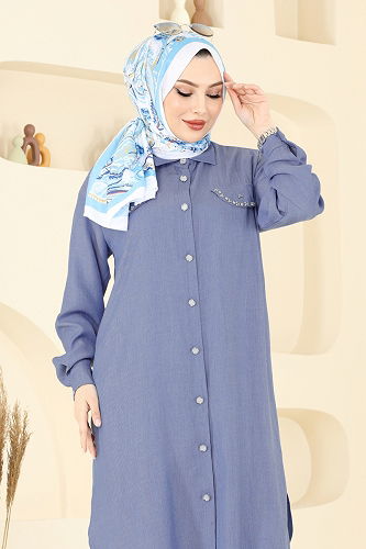 moda selvim Aksesuar Cepli Tesettür Takım 318HBS856 Koyu Kot - Thumbnail