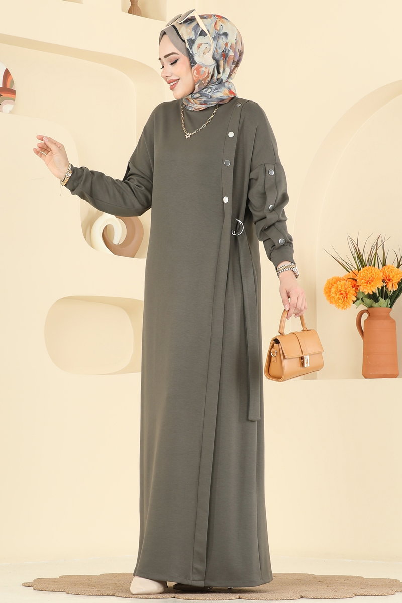 Aksesuar Çıtçıtlı Modal Elbise 2446ANT466 Haki