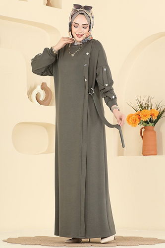 moda selvim Aksesuar Çıtçıtlı Modal Elbise 2446ANT466 Haki - Thumbnail