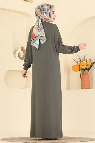 moda selvim Aksesuar Çıtçıtlı Modal Elbise 2446ANT466 Haki - Thumbnail