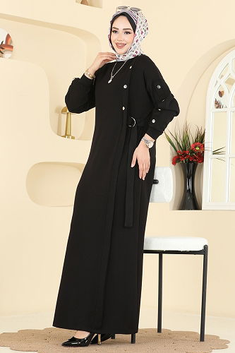 moda selvim Aksesuar Çıtçıtlı Modal Elbise 2446ANT466 Siyah - Thumbnail