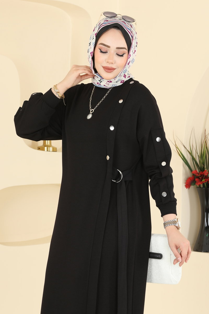 Aksesuar Çıtçıtlı Modal Elbise 2446ANT466 Siyah