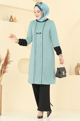 moda selvim Aksesuar Detay Tesettür Takım PL9119 Mint&Siyah - Thumbnail