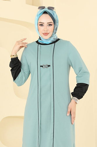 moda selvim Aksesuar Detay Tesettür Takım PL9119 Mint&Siyah - Thumbnail