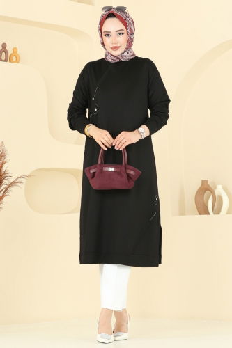 moda selvim Aksesuar Detay Tesettür Tunik 2701AYD574 Siyah - Thumbnail