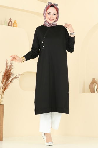 moda selvim Aksesuar Detay Tesettür Tunik 2701AYD574 Siyah - Thumbnail