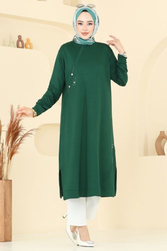 moda selvim Aksesuar Detay Tesettür Tunik 2701AYD574 Zümrüt - Thumbnail