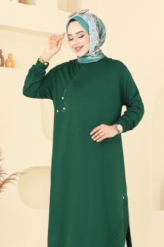 moda selvim Aksesuar Detay Tesettür Tunik 2701AYD574 Zümrüt - Thumbnail