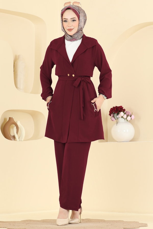 Modaselvim Kombin Aksesuar Detaylı 2 Lİ Takım PL9241 Bordo