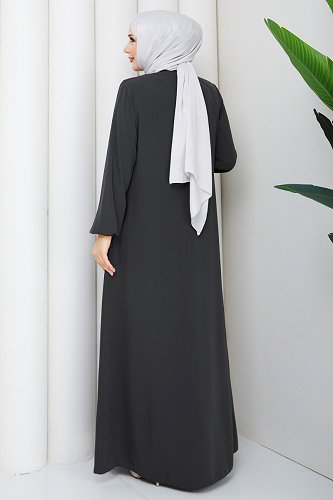 moda selvim Aksesuar Detaylı Fularlı Ferace 2130OZT1013 Füme - Thumbnail