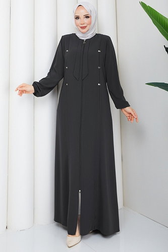 moda selvim Aksesuar Detaylı Fularlı Ferace 2130OZT1013 Füme - Thumbnail
