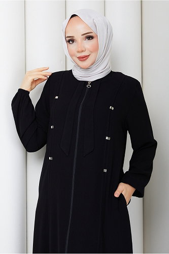 moda selvim Aksesuar Detaylı Fularlı Ferace 2130OZT1013 Siyah - Thumbnail