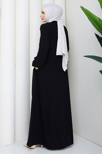moda selvim Aksesuar Detaylı Fularlı Ferace 2130OZT1013 Siyah - Thumbnail