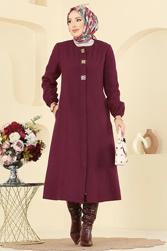moda selvim Aksesuar Detaylı Kaşe Kaban 8195AB368 Bordo - Thumbnail