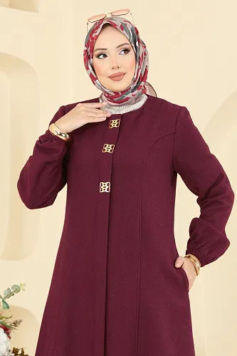 moda selvim Aksesuar Detaylı Kaşe Kaban 8195AB368 Bordo - Thumbnail