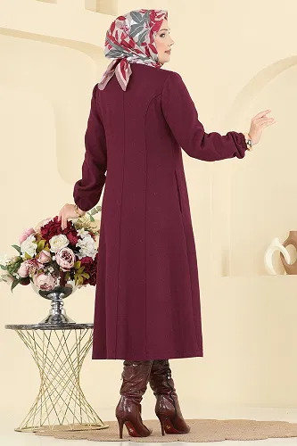 moda selvim Aksesuar Detaylı Kaşe Kaban 8195AB368 Bordo - Thumbnail