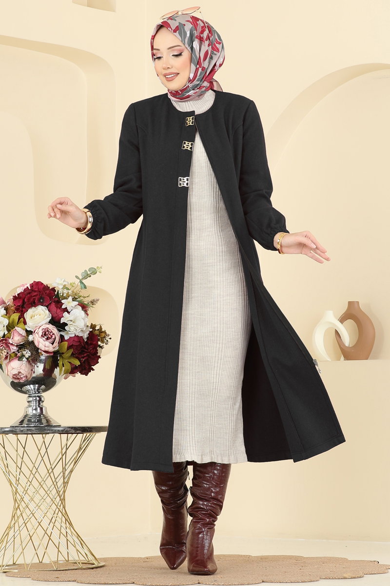 Aksesuar Detaylı Kaşe Kaban 8195AB368 Siyah