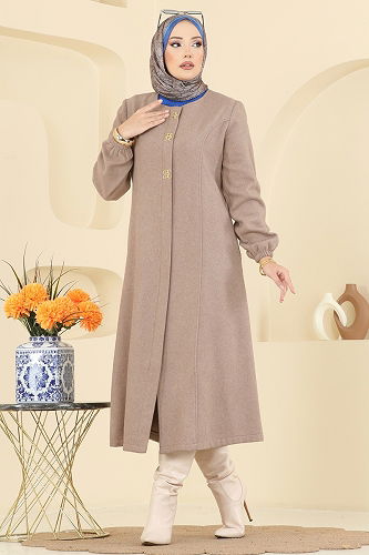 moda selvim Aksesuar Detaylı Kaşe Kaban 8195AB368 Vizyon - Thumbnail