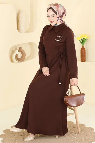 moda selvim Aksesuar Detaylı Kemerli Elbise 2855SL432 Kahve - Thumbnail