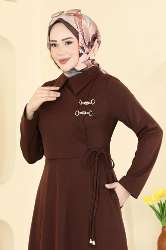 moda selvim Aksesuar Detaylı Kemerli Elbise 2855SL432 Kahve - Thumbnail