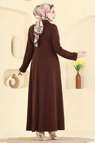 moda selvim Aksesuar Detaylı Kemerli Elbise 2855SL432 Kahve - Thumbnail