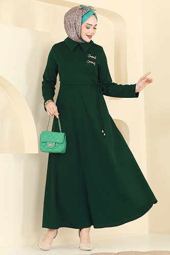 moda selvim Aksesuar Detaylı Kemerli Elbise 2855SL432 Zümrüt - Thumbnail