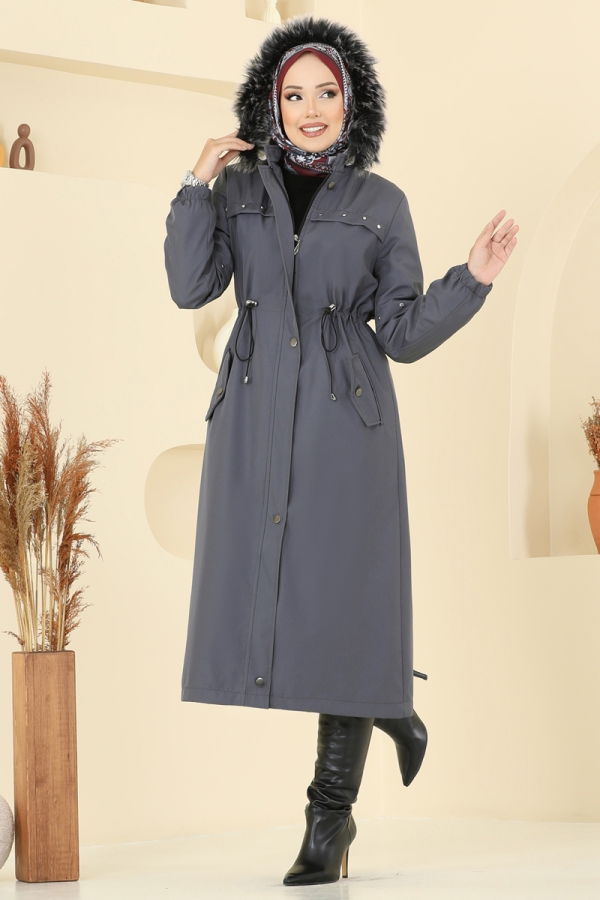 Modaselvim Kaban Aksesuar Detaylı Kürklü Kaban 2818MSA980 Antrasit