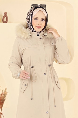 moda selvim Aksesuar Detaylı Kürklü Kaban 2818MSA980 Bej - Thumbnail