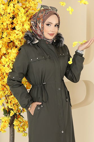 moda selvim Aksesuar Detaylı Kürklü Kaban 2818MSA980 Haki - Thumbnail