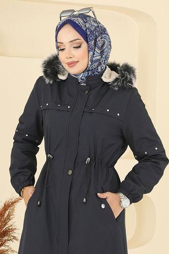 moda selvim Aksesuar Detaylı Kürklü Kaban 2818MSA980 Laci - Thumbnail