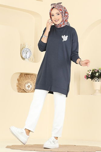 moda selvim Aksesuar Detaylı Modal Tunik 1018ETT926 Füme - Thumbnail