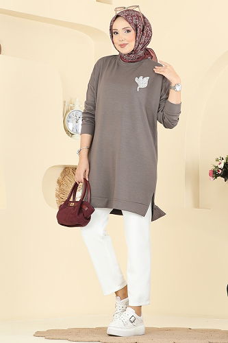 moda selvim Aksesuar Detaylı Modal Tunik 1018ETT926 Koyu Vizyon - Thumbnail