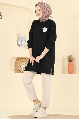 moda selvim Aksesuar Detaylı Modal Tunik 1018ETT926 Siyah - Thumbnail