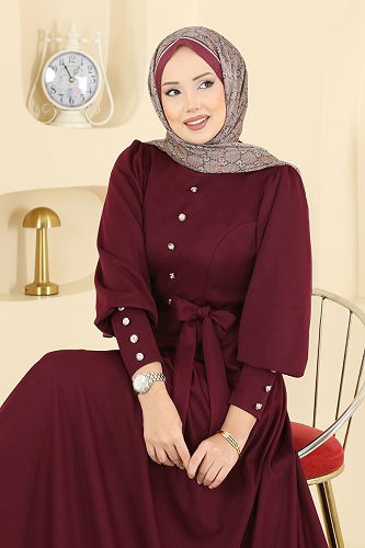 moda selvim Aksesuar Düğme Detaylı Elbise 24007UKB139 Bordo - Thumbnail
