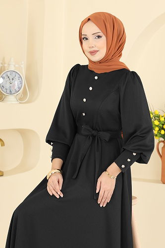 moda selvim Aksesuar Düğme Detaylı Elbise 24007UKB139 Siyah - Thumbnail