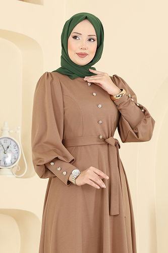moda selvim Aksesuar Düğme Detaylı Elbise 24007UKB139 Vizyon - Thumbnail