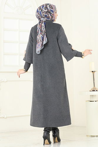 moda selvim Aksesuar Düğme Detaylı Kaban 6254BSK463 Antrasit - Thumbnail