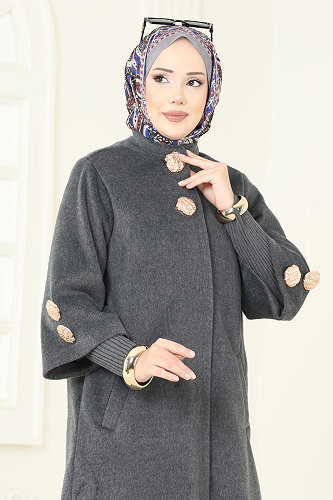 moda selvim Aksesuar Düğme Detaylı Kaban 6254BSK463 Antrasit - Thumbnail