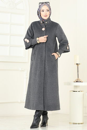 moda selvim Aksesuar Düğme Detaylı Kaban 6254BSK463 Antrasit - Thumbnail