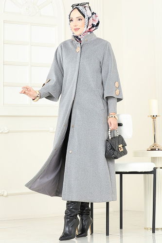 moda selvim Aksesuar Düğme Detaylı Kaban 6254BSK463 Gri - Thumbnail