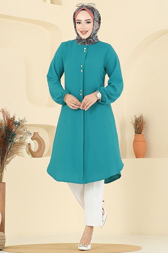 moda selvim Aksesuar Düğme Detaylı Tunik 2002ERK1158 Açık Petrol - Thumbnail